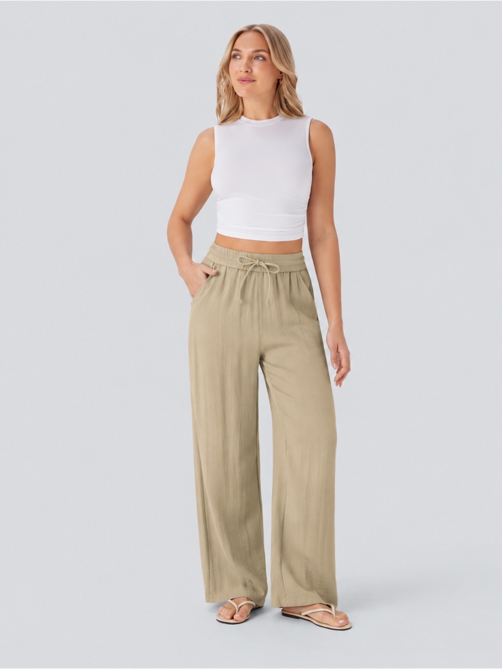 NWT Halara M Tall Linen-Feel Wide-Leg Drawstring Pants Fields of Rye